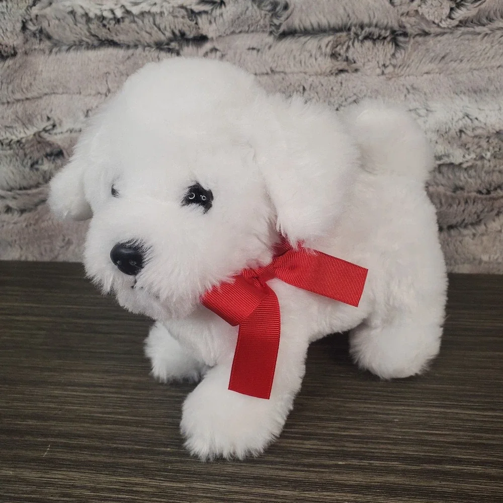 Standing White Puppy Dog Plush Wearing Red‎ Satin Bow 7